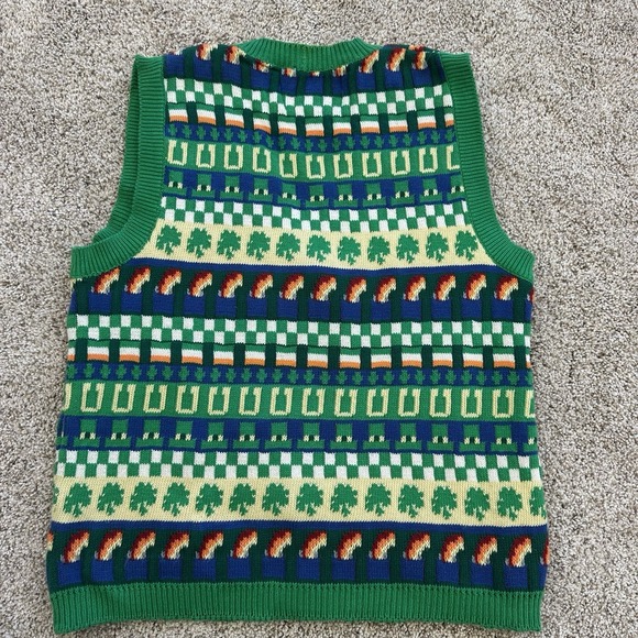 St Patrick's Vest Medium Vintage Eagles Eye Knit Green Shamrocks Button Down - Picture 6 of 12